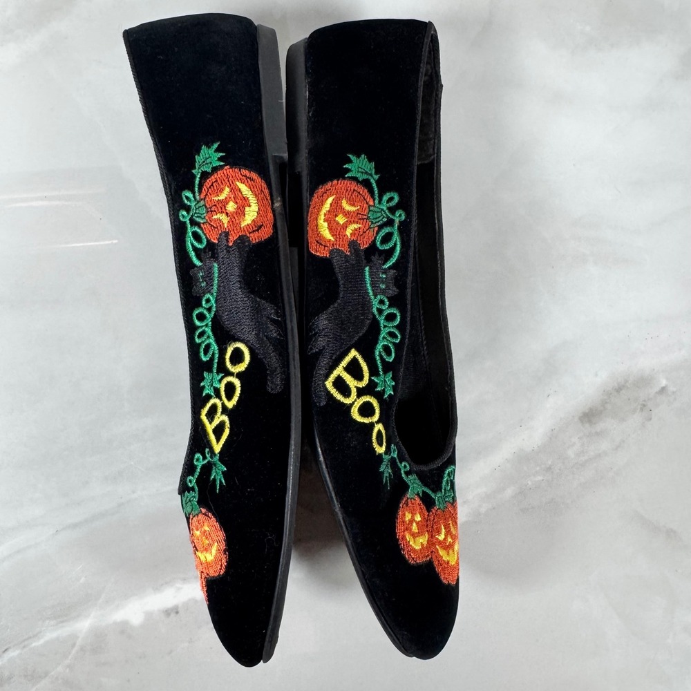 Vintage Black Velvet Embroidered Halloween Flats Pumpkins Black Cats 8.5 M - Picture 12 of 12